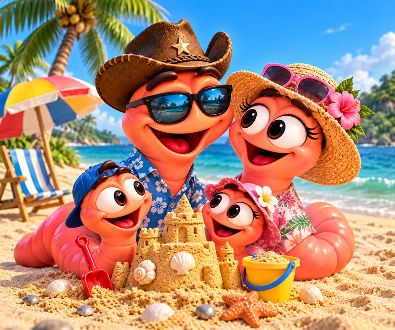 Wormley Munchington on holiday at the beach with his family